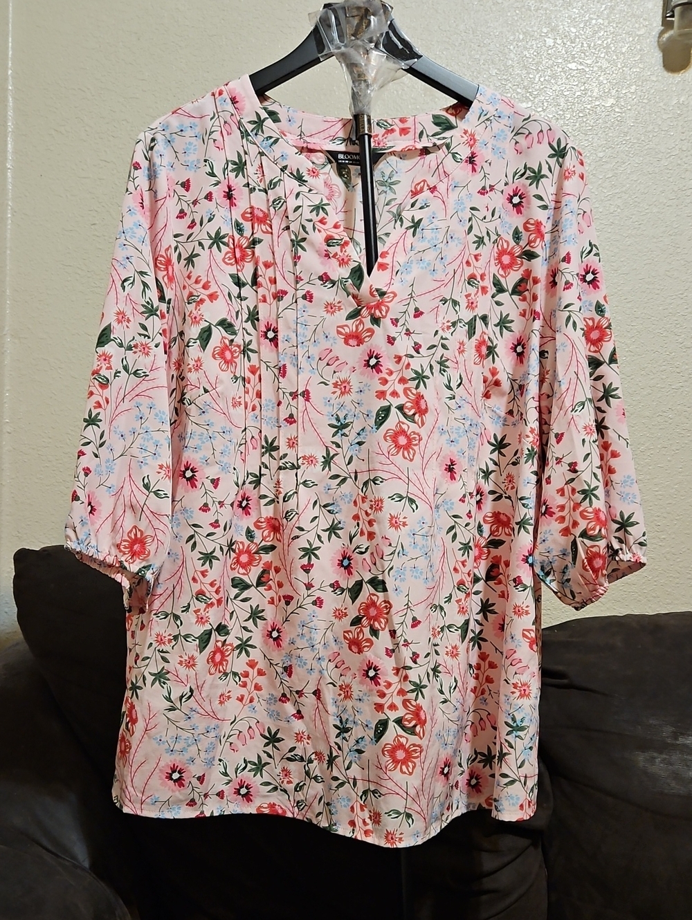 BloomChic Pink Floral Pintuck Split-Neck Tunic